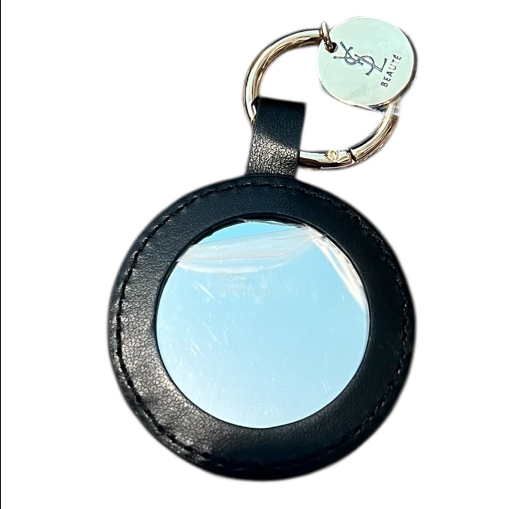 YSL Beauty Black Leather Keyring Mirror with Gold Tone Hardware